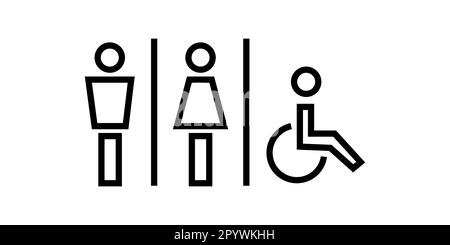 Icône de signalisation des toilettes, wc ou salle de bains pour différents genres, signes des hommes femmes et fauteuil roulant pour toilettes, symbole de ligne mince sur fond blanc - editabl Illustration de Vecteur