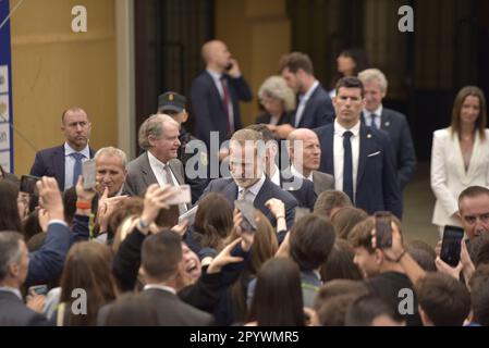 Lugo, Espagne. 5th mai 2023. Le roi Felipe VI d'Espagne, assiste à l'auditorium municipal de Lugo pour le gala de TalentoLugo où il participe à la visite des projets scientifiques et technologiques et où le gagnant de la science et de la technologie est nommé. Credit: Xan Gasalla / Alamy Live News Banque D'Images