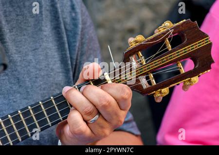 Petite guitare avec quatre cordes appelées cavaquinho au Brésil et utilisée traditionnellement dans les styles de samba et chorinho, Rio de Janeiro, Rio de Banque D'Images