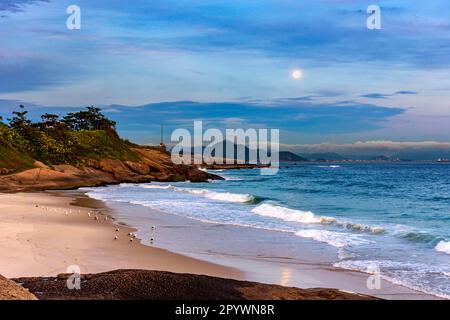 Mouettes se reposant sur la plage au crépuscule avec la lune survolant la mer d'Ipanema, Rio de Janeiro, Brésil Banque D'Images