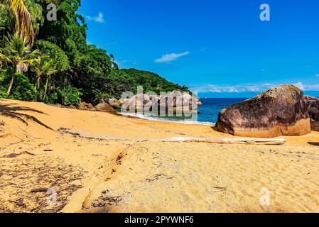 Plage paradisiaque et déserte avec des eaux colorées entourées de forêt tropicale dans la baie d'Ilha Grande à Angra dos Reis sur la côte de Rio de Janeiro, Bra Banque D'Images