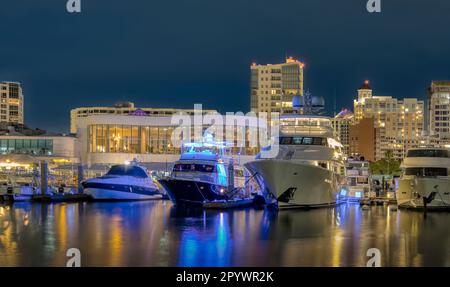 Bâtiments en bord de mer et bateaux la nuit à Sarasota Floride Etats-Unis Banque D'Images