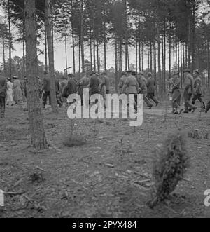 Photo d'un groupe de représentants des agriculteurs locaux (certains en uniformes sa) qui marchent sur la Landtagsplatz à Hoesseringen à Suderburg dans la Heath de Lueneburg, à l'occasion de l'inauguration de la Landtagsplatz par le NSDAP sur 28 juin 1936. Banque D'Images