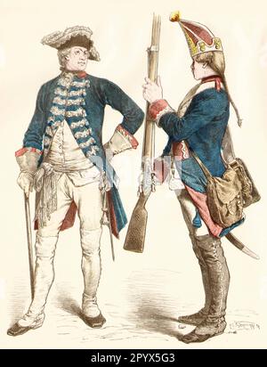 Soldats en uniforme contemporain au 18th siècle : officier d'un bataillon de garde, mousqueteur des grenadiers de garde au temps de Frédéric II (le Grand) de Prusse. [traduction automatique] Banque D'Images