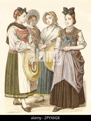 Femmes en costumes traditionnels d'Alsace, de gauche à droite de Kochresberg, Krautgersheim, Colmar et Oberseebach. [traduction automatique] Banque D'Images