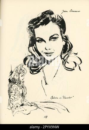 Caricature Portrait d'EMIL WIESS de JEAN SIMMONS comme Ophelia dans HAMEAU publié en 1948. Banque D'Images