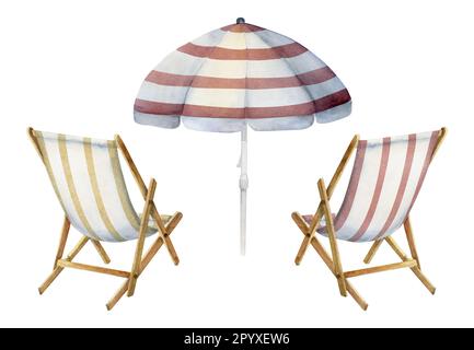 Aquarelle dessinée à la main. Accessoires de plage à rayures, parasols et chaises. Isolé sur fond blanc. Décoration murale, mariage, impression Banque D'Images