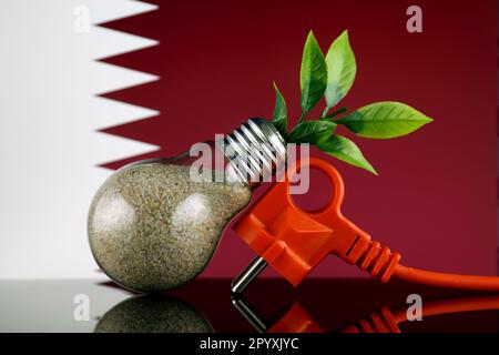 Bouchon, plante poussant à l'intérieur de l'ampoule et le drapeau du Qatar. Concept d'énergie renouvelable écologique. Banque D'Images