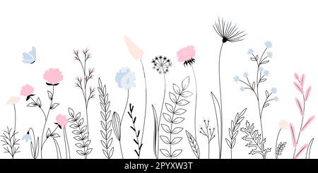 Fleurs sauvages, herbes, fleurs, plantes et papillons flyng. Illustration vectorielle pleine grandeur vectorielle. Illustration de Vecteur