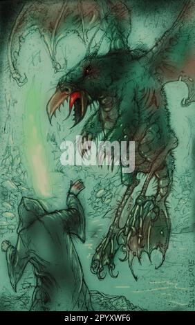 Illustration de l'art de l'horreur, d'un cultiste robed, attaqué par un monstre à ailes d'oiseau, faisant référence à celles ailées de Lovecraft dans l'appel de Cthulhu. Banque D'Images