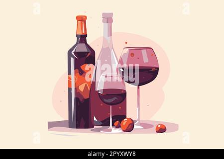 Une bouteille de vin à vecteur plat et deux verres de vin rouge Illustration de Vecteur