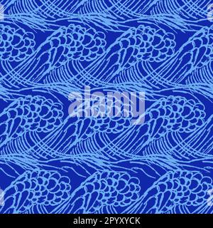 Motif vagues de l'océan dessiné à la main, motif vectoriel sans couture. Éléments naturels colorés sur fond bleu isolé. Pour papier peint, tissu Illustration de Vecteur