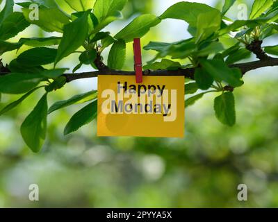 Une note de papier jaune avec l'expression Happy Monday sur elle attachée à une branche d'arbre avec une épingle à vêtements. Gros plan. Banque D'Images