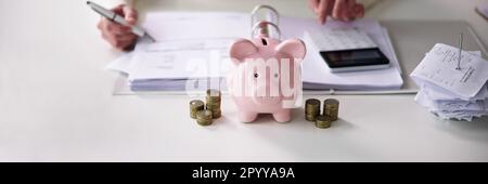 Conseiller financier auprès de Piggybank. Calcul des économies d'argent Banque D'Images