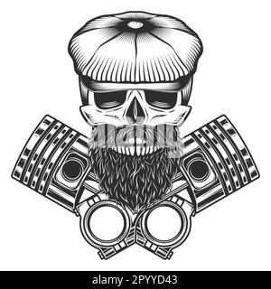 Crâne de motard avec barbe et moustache en casquette plate avec pistons de moteur croisés réparation moto, voiture et camion affaires en monochrome vintage Banque D'Images