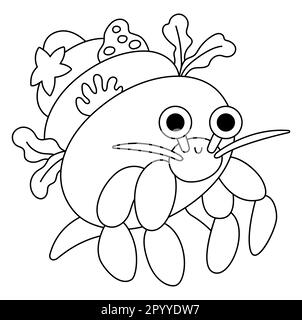 Crabe ermite noir et blanc vectoriel avec icône en forme de coquille. Sous l'illustration de la ligne de mer avec mignon drôle animal de l'océan. Dessin animé sous-marin ou clipart marin Illustration de Vecteur