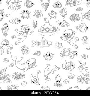 Motif vectoriel noir et blanc sous la mer sans couture. Répétez le fond avec de mignons poissons, algues, plongeurs, sous-marins. Papier numérique Ocean Life Line. W Illustration de Vecteur