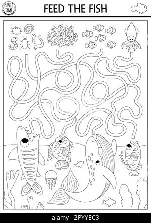 Sous la mer, labyrinthe noir et blanc pour les enfants avec tortue, baleine, requin, basse, parrotfish. Activité préscolaire de la ligne de l'océan avec poissons, nourriture. Eau lamyri Illustration de Vecteur