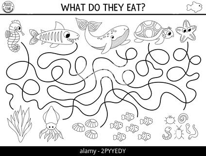 Sous la mer, labyrinthe noir et blanc pour les enfants avec tortue, baleine, requin, hippocampe. Ocean Line activités préscolaires avec poisson, nourriture. Eau lamyri Illustration de Vecteur