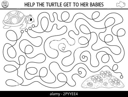 Sous la mer, labyrinthe noir et blanc pour les enfants avec tortue, coquillages, sable. Activité imprimable de la ligne de jour de l'océan ou de la mère. Labyrinthe d'eau ga Illustration de Vecteur