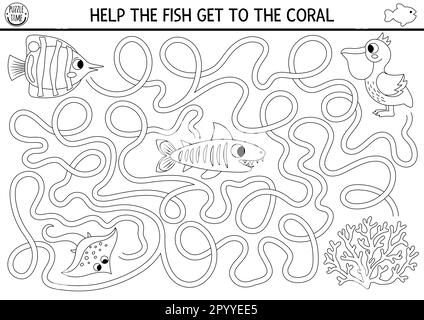 Sous la mer, labyrinthe noir et blanc pour les enfants avec requin, pélican, corail, rayfish. Activité imprimable préscolaire Ocean Line. Labyrinthe d'eau gam, colorant Illustration de Vecteur