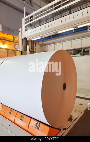 De gros rouleaux de papier sortent de la machine dans une usine de papeterie. Banque D'Images