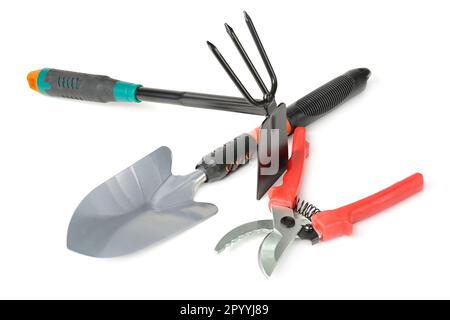 Outils de jardin isolé sur fond blanc. Banque D'Images