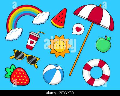 Ensemble été. Soleil et arc-en-ciel. Parasol et lunettes de soleil. Pastèque et un verre de boisson. Fraise, pomme et ballon de plage. Clipart vectoriel. Illustration vectorielle. Illustration vectorielle Illustration de Vecteur
