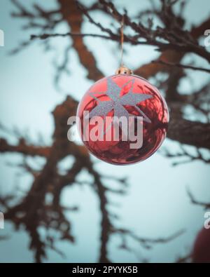 Un ornement festif de vacances est suspendu d'un arbre sur un fond bleu ciel clair, fournissant une belle et joyeuse scène Banque D'Images