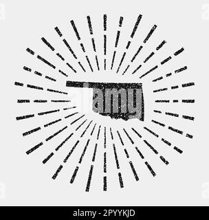 Carte ancienne de l'Oklahoma. Grunge soleil éclate autour de l'état des États-Unis. Forme noire d'Oklahoma avec rayons de soleil sur fond blanc. Illustration vectorielle. Illustration de Vecteur