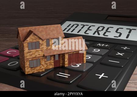 Une maison individuelle sur une calculatrice. Illustration de la notion de prêts hypothécaires, de taux d'intérêt élevés et de problèmes de logement Banque D'Images