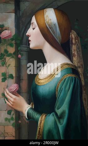 Femme à cheveux rouges en robe verte tenant une rose rose, un vecteur superposé Illustration de Vecteur