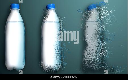 Set avec bouteilles d'eau en fuite sur fond de couleur. Décomposition de la pollution plastique, conception de bannière Banque D'Images