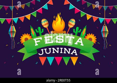 gradient de festa junina fond avec feu, maraca, cactus, et fleurs Illustration de Vecteur