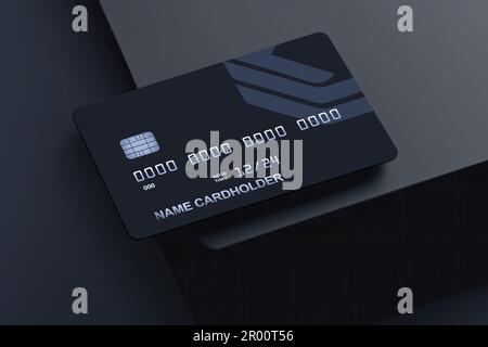 Carte de crédit de banque noire. Concept de paiements en ligne avec cartes de crédit noires sur une surface noire vierge abstraite. Carte de crédit noire avec puce. Banque D'Images