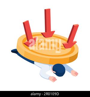 Flat 3D homme d'affaires Isométrique sous crise de Bitcoin. Le marché du Bitcoin et de la crypto-monnaie est en chute libre. Illustration de Vecteur