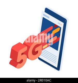 Flat 3D Isométrique 5G haute vitesse réseau sortir des médias sociaux. 5G technologie de réseau haut débit et connexion Internet sans fil Illustration de Vecteur
