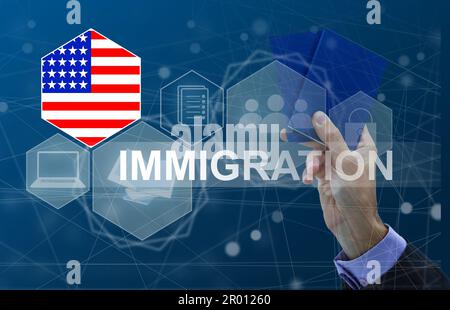 Concept de l'immigration aux États-Unis avec bouton virtuel d'appui Banque D'Images