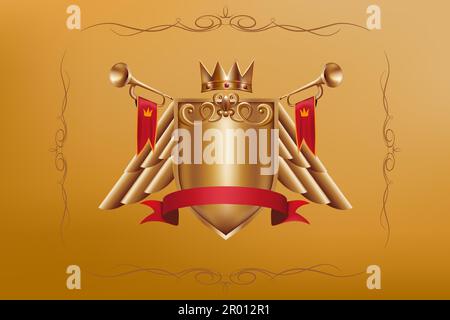 3D bouclier royal pour le jeu. Couronne d'or comme rang de niveau supérieur. Ailes de trophée et RAW sur la médaille. Emblème héraldique avec rubans et pierres précieuses. Bouton Luxe. S'épanouir Illustration de Vecteur
