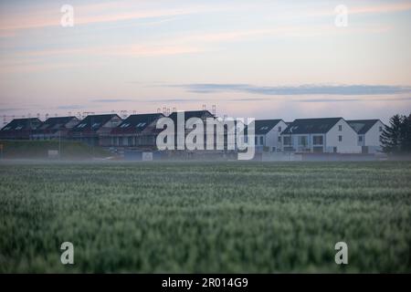 Bornheim, Allemagne. 06th mai 2023. Un champ de céréales près de Bornheim se trouve devant un nouveau développement de logements dans la brume matinale. Credit: Thomas Banneyer/dpa/Alay Live News Banque D'Images