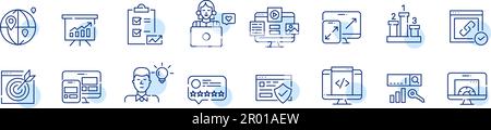 Agence de marketing numérique SEO. Analyses statistiques et stratégies. Jeu de lignes de contour pixel Perfect, modifiable Illustration de Vecteur