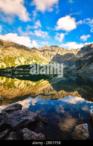 Magnifique paysage de montagne d'été au bord du lac. Vue sur les montagnes se reflétant dans l'eau à Czarny Staw Gasienicowy dans les Hautes Tatras de Pologne. Banque D'Images