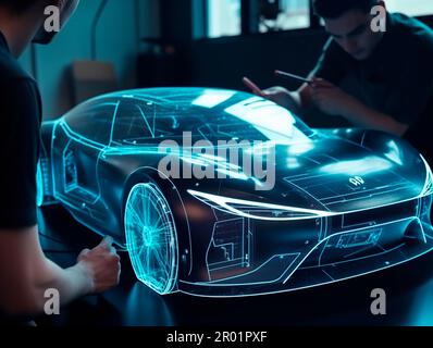 Les ingénieurs concepteurs automobiles utilisent l'application holographique en numérique Banque D'Images