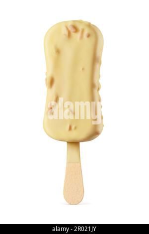 Barre de glace Popsicle avec revêtement chocolat blanc et amandes isolées sur fond blanc. Banque D'Images