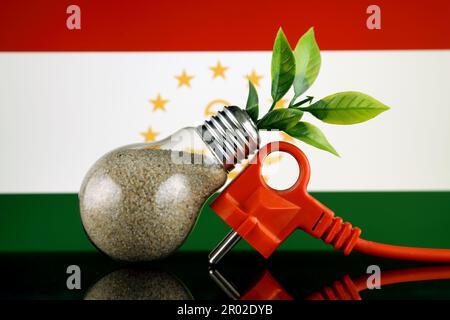 Bouchon, plante poussant à l'intérieur de l'ampoule et drapeau du Tadjikistan. Concept d'énergie renouvelable écologique. Banque D'Images
