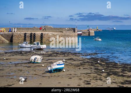 Port de Roscoff à marée basse avec un ferry de Bretagne à l'approche, Bretagne, France Banque D'Images