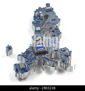 Industrie européenne des semi-conducteurs, fabrication de puces informatiques et intelligence artificielle. Carte mère avec processeur sous forme de carte de l'Europe Banque D'Images