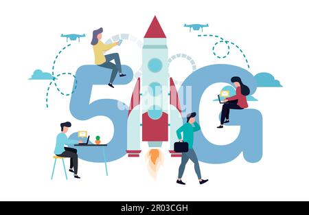 Illustration vectorielle de 5G Internet. Un homme avec un ordinateur portable à la table, un autre avec un porte-documents marche à côté de la fusée, les femmes sont assises sur un Illustration de Vecteur