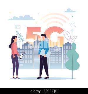 5G Internet mobile. Un homme avec un ordinateur portable, une femme avec un smartphone, sur le fond d'un bâtiment de ville, des plantes, des icônes de réseau, des nuages. Vecteur Illustration de Vecteur