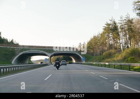 L'unité de police sur la conduite de byke après la voiture de suspecteful sans les numéros d'immatriculation du véhicule plaque inder Green Bridges pour animaux sauvages pour traverser les autoroutes. Banque D'Images